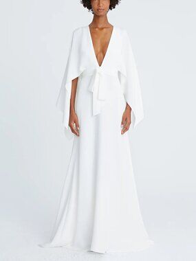 $1395 NWT Halston “Isabel” 2Ply Crepe Silk V-Neck Gown in Chalk Sz 4